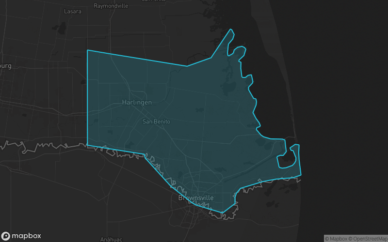 Map of Cameron County, Texas showing the county boundary and surrounding cities
