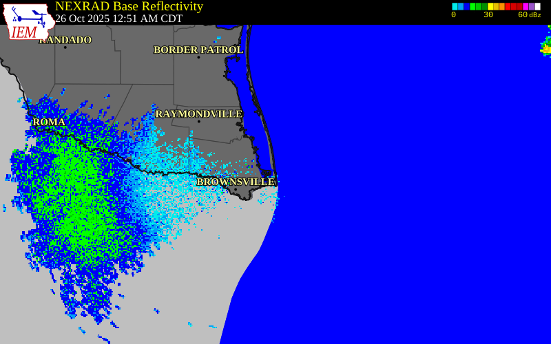 NEXRAD radar during the Sunday, October 26, 2025 storm activity in Cameron County, Texas