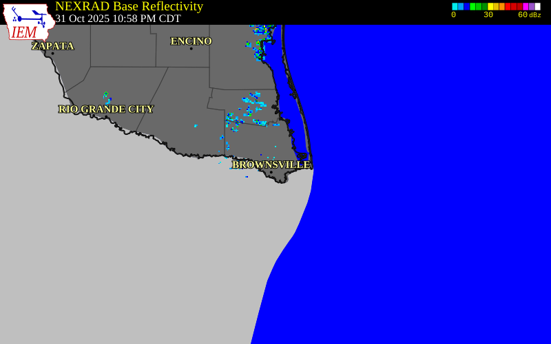 NEXRAD radar during the Friday, October 31, 2025 storm activity in Cameron County, Texas