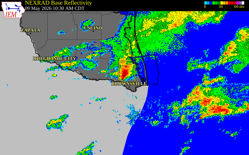 NEXRAD radar during the Saturday, May 9, 2026 storm activity in Cameron County, Texas