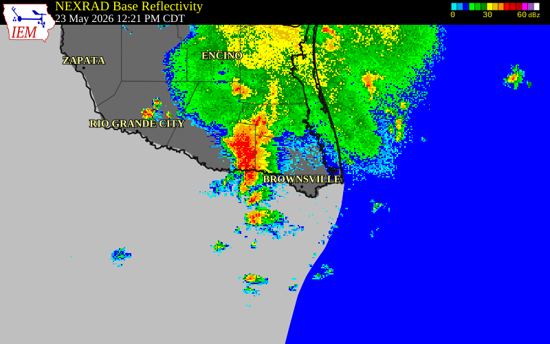 NEXRAD radar during the Saturday, May 23, 2026 storm activity in Cameron County, Texas