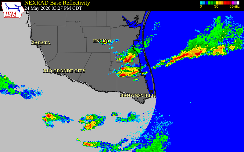 NEXRAD radar during the Sunday, May 24, 2026 storm activity in Cameron County, Texas