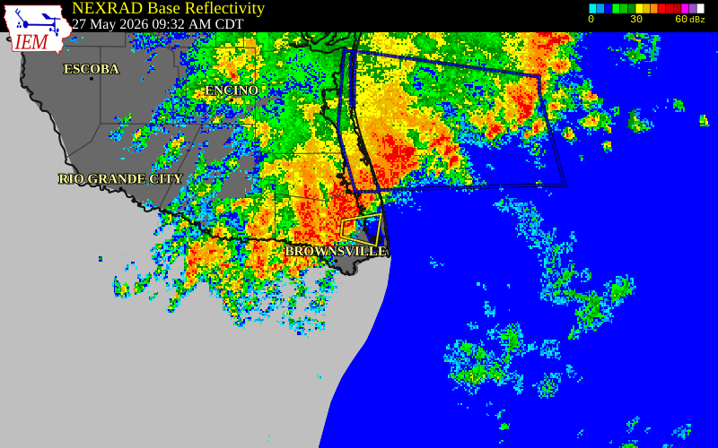 NEXRAD radar during the Wednesday, May 27, 2026 storm activity in Cameron County, Texas