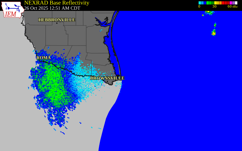 Radar snapshot during the Oct 26, 2025 tornado event near South Padre Island, Cameron County, Texas, with NWS warning polygons