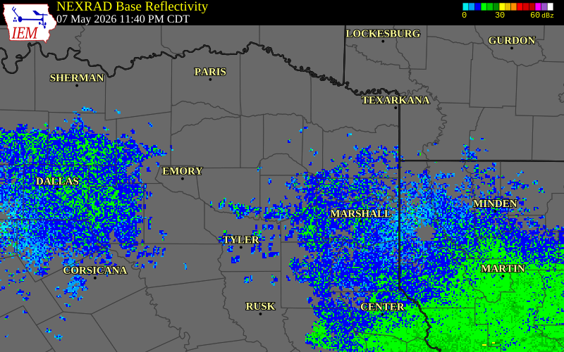 NEXRAD radar during the Thursday, May 7, 2026 storm activity in Camp County, Texas