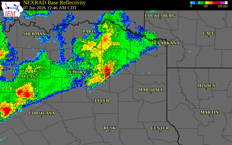 NEXRAD radar during the Sunday, June 7, 2026 storm activity in Camp County, Texas