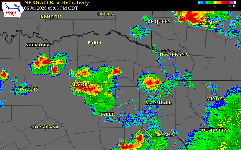 NEXRAD radar during the Monday, July 6, 2026 storm activity in Camp County, Texas