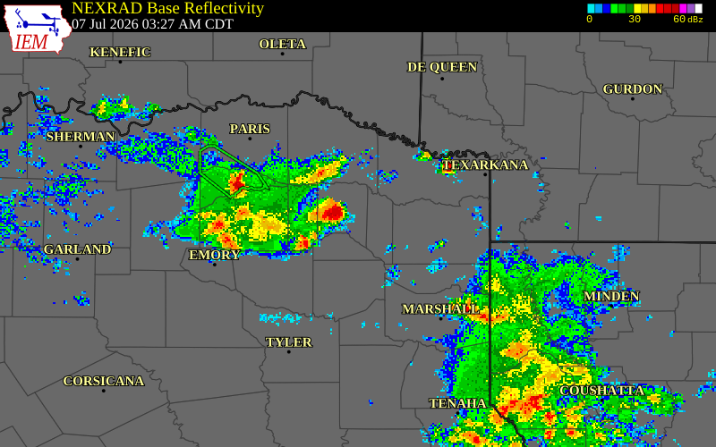 NEXRAD radar during the Tuesday, July 7, 2026 storm activity in Camp County, Texas