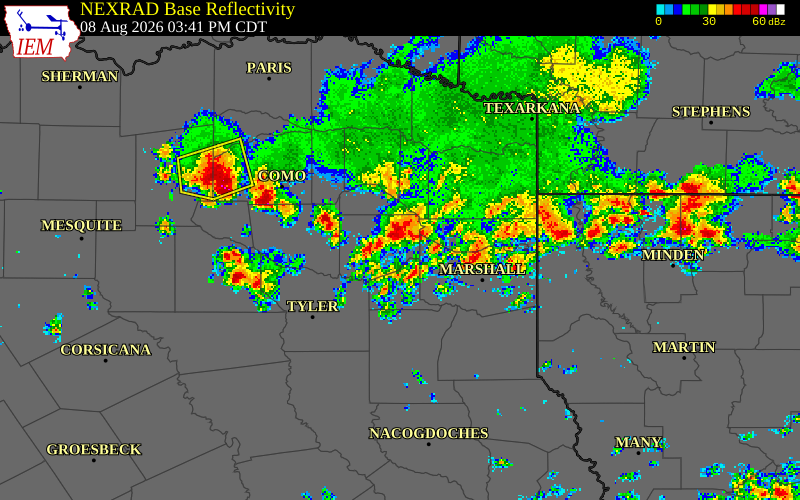 NEXRAD radar during the Saturday, August 8, 2026 storm activity in Camp County, Texas
