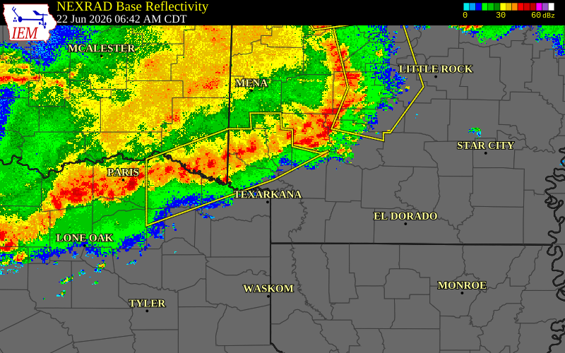Radar snapshot during the Jun 22, 2026 wind event near Camp County, Camp County, Texas, with NWS warning polygons