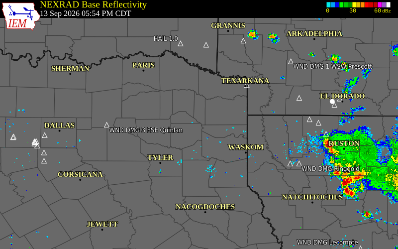 Current NEXRAD radar over Camp County, Texas with recent storm report locations