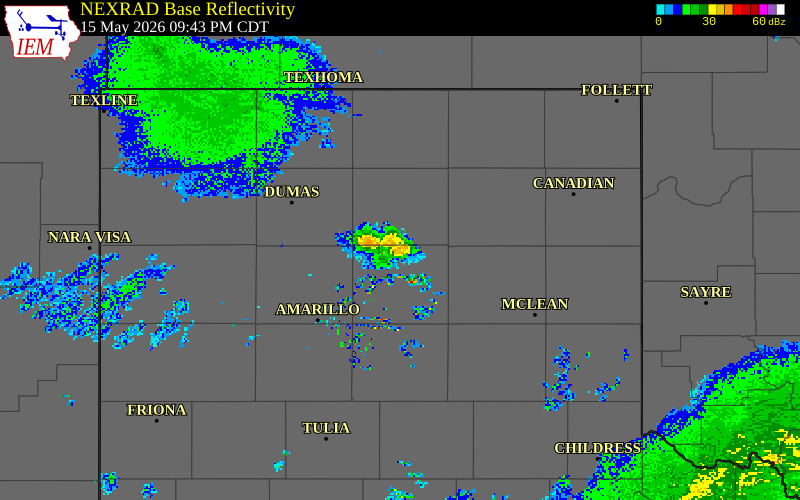 NEXRAD radar during the Friday, May 15, 2026 storm activity in Carson County, Texas