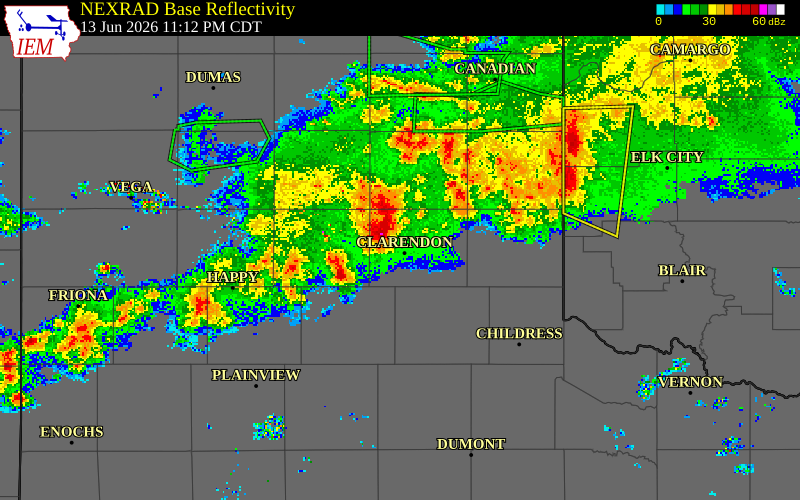 NEXRAD radar during the Saturday, June 13, 2026 storm activity in Carson County, Texas