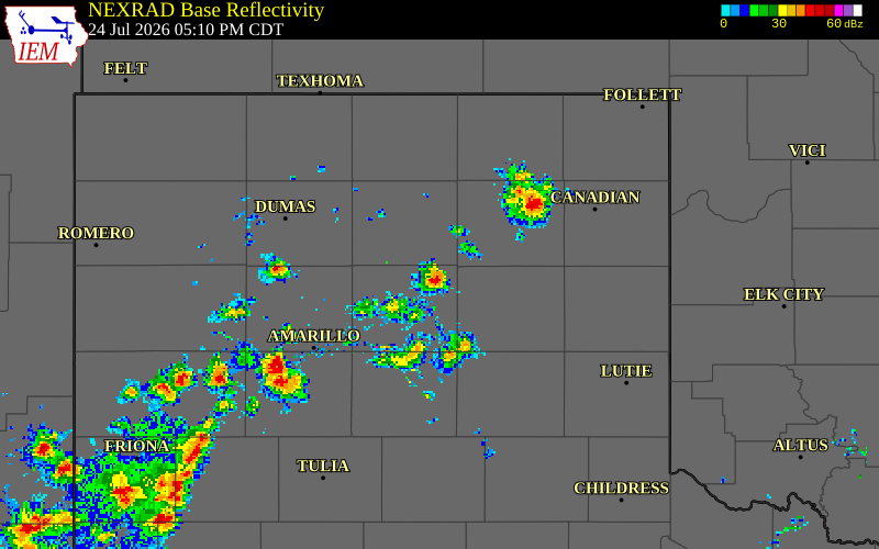 NEXRAD radar during the Friday, July 24, 2026 storm activity in Carson County, Texas