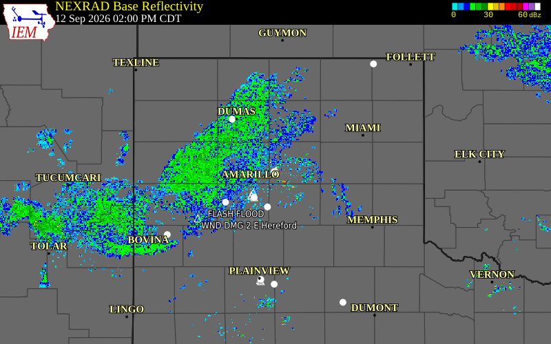 Current NEXRAD radar over Carson County, Texas with recent storm report locations