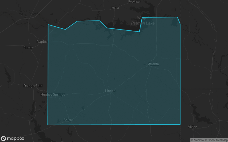 Map of Cass County, Texas showing the county boundary and surrounding cities