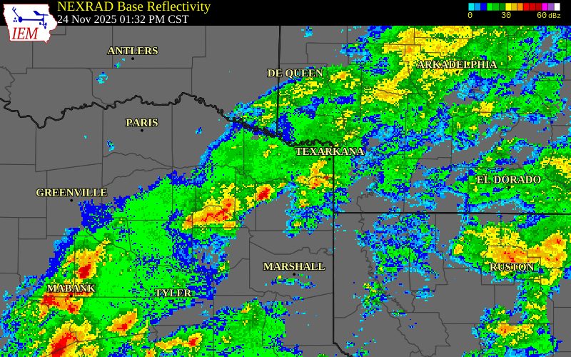 NEXRAD radar during the Monday, November 24, 2025 storm activity in Cass County, Texas