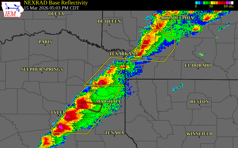 NEXRAD radar during the Sunday, March 15, 2026 storm activity in Cass County, Texas