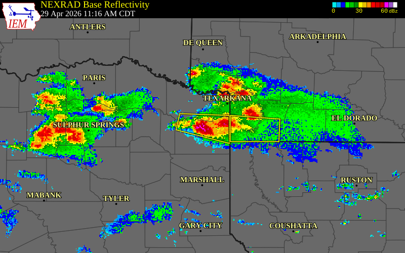NEXRAD radar during the Wednesday, April 29, 2026 storm activity in Cass County, Texas
