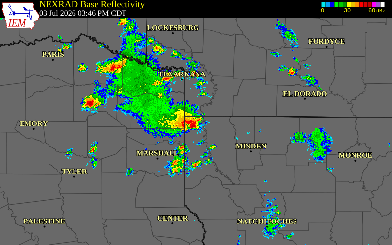 NEXRAD radar during the Friday, July 3, 2026 storm activity in Cass County, Texas