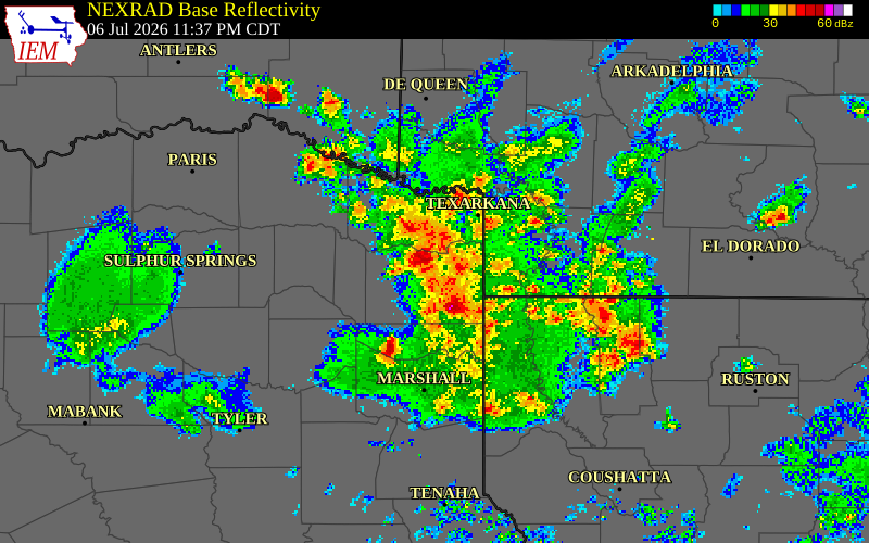 NEXRAD radar during the Monday, July 6, 2026 storm activity in Cass County, Texas
