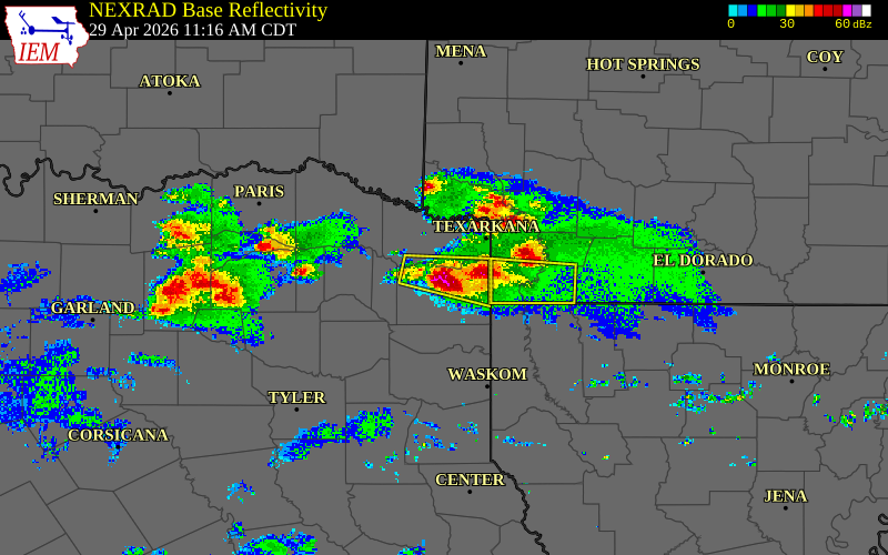Radar snapshot during the Apr 29, 2026 hail event near Douglassville, Cass County, Texas, with NWS warning polygons