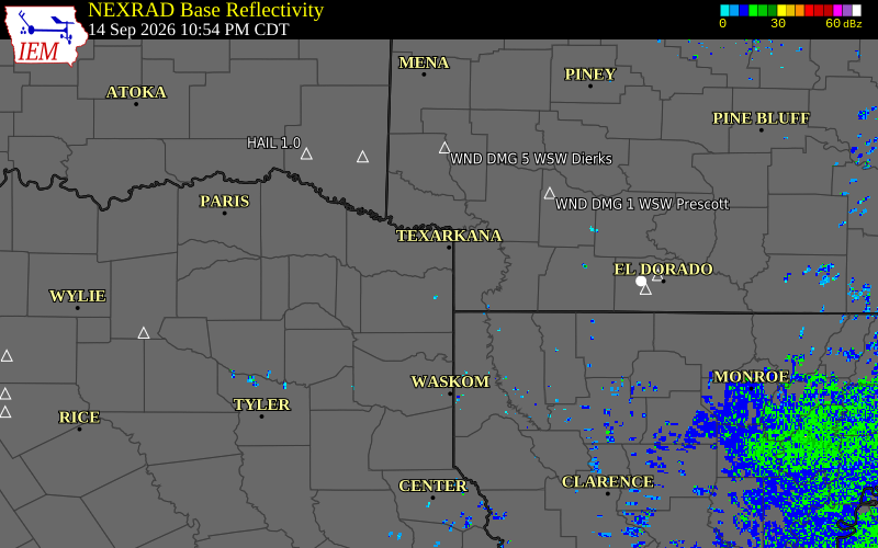 Current NEXRAD radar over Cass County, Texas with recent storm report locations
