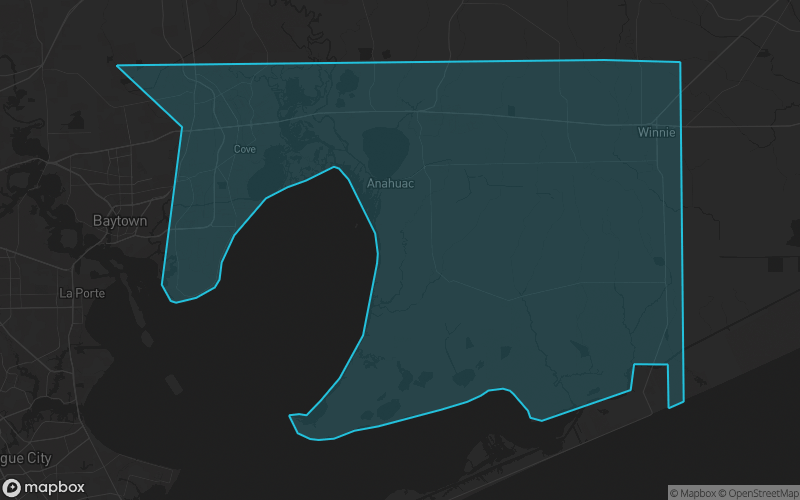 Map of Chambers County, Texas showing the county boundary and surrounding cities