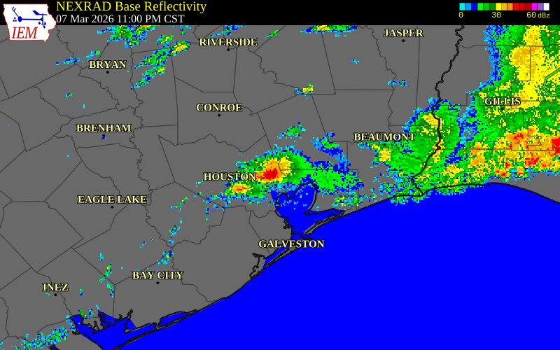 NEXRAD radar during the Saturday, March 7, 2026 storm activity in Chambers County, Texas