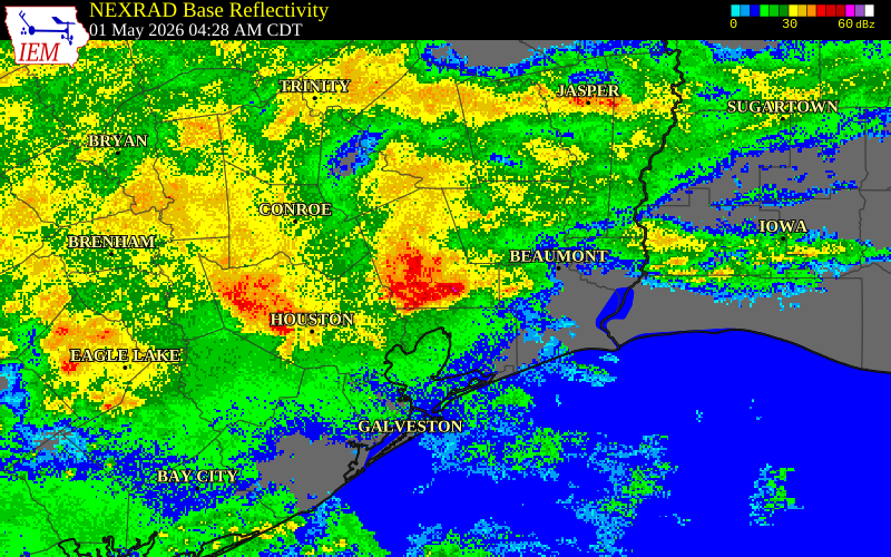 NEXRAD radar during the Friday, May 1, 2026 storm activity in Chambers County, Texas