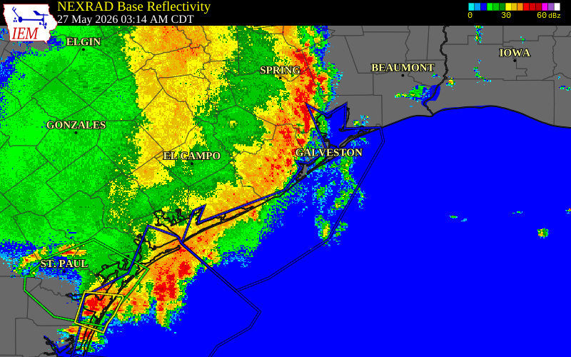 Radar snapshot during the May 27, 2026 wind event near Chambers County, Chambers County, Texas, with NWS warning polygons