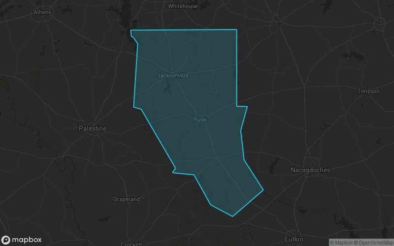 Map of Cherokee County, Texas showing the county boundary and surrounding cities