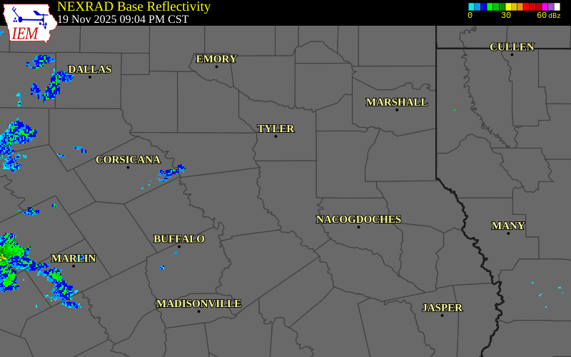 NEXRAD radar during the Wednesday, November 19, 2025 storm activity in Cherokee County, Texas
