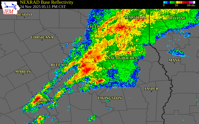 NEXRAD radar during the Monday, November 24, 2025 storm activity in Cherokee County, Texas
