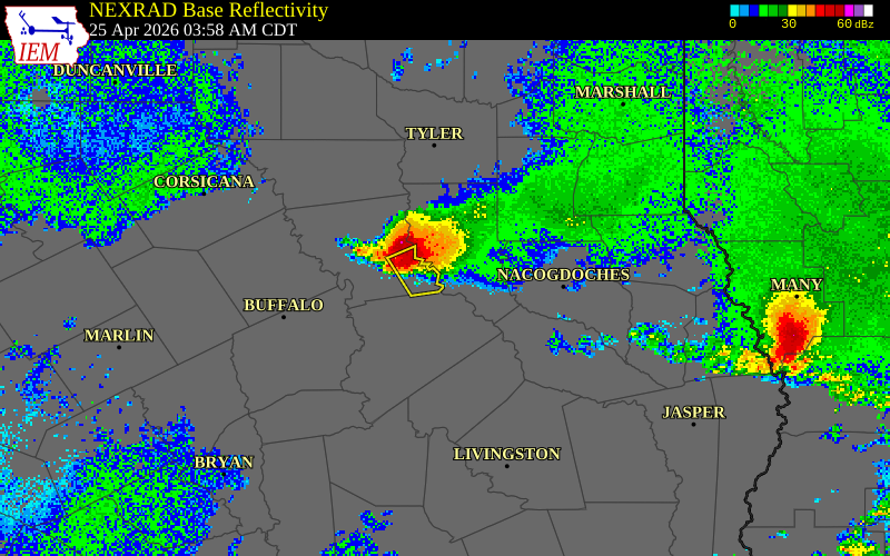 NEXRAD radar during the Saturday, April 25, 2026 storm activity in Cherokee County, Texas