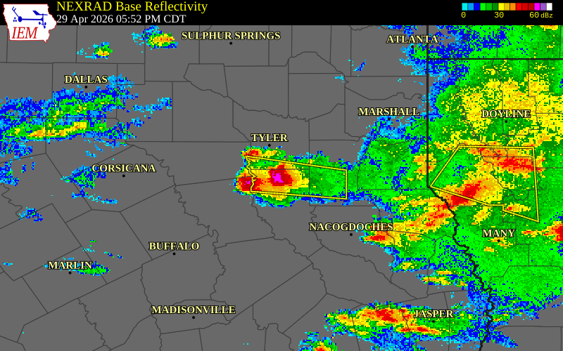 NEXRAD radar during the Wednesday, April 29, 2026 storm activity in Cherokee County, Texas