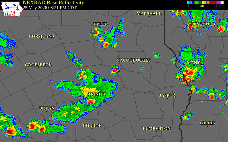 NEXRAD radar during the Monday, May 25, 2026 storm activity in Cherokee County, Texas