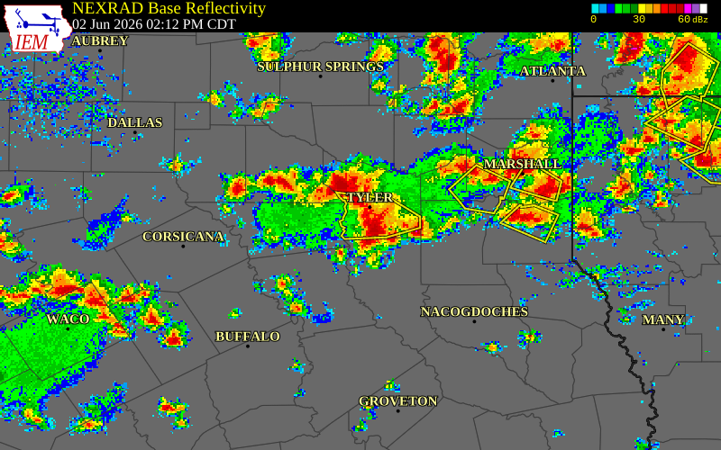 NEXRAD radar during the Tuesday, June 2, 2026 storm activity in Cherokee County, Texas