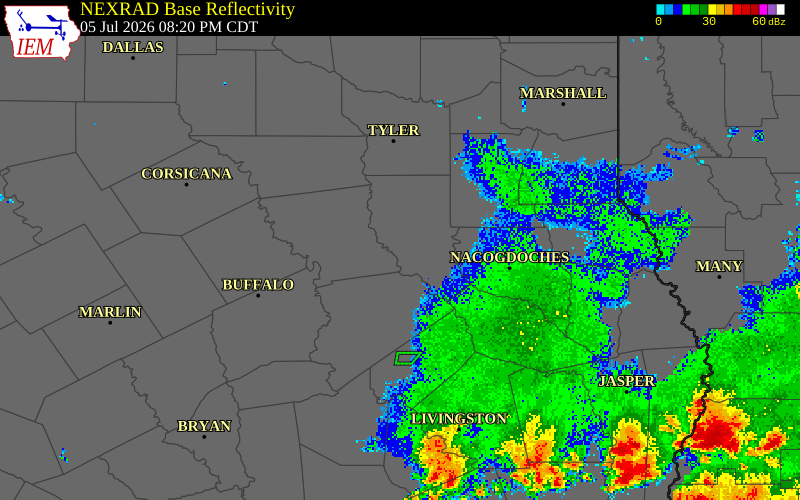 NEXRAD radar during the Sunday, July 5, 2026 storm activity in Cherokee County, Texas
