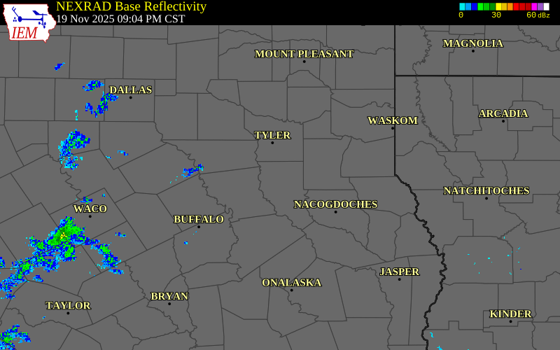 Radar snapshot during the Nov 19, 2025 tornado event near 3 NE Jacksonville, Cherokee County, Texas, with NWS warning polygons
