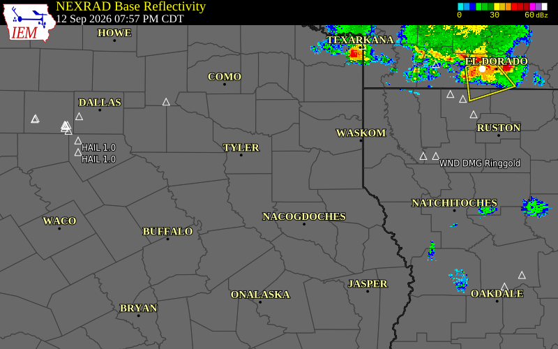 Current NEXRAD radar over Cherokee County, Texas with recent storm report locations