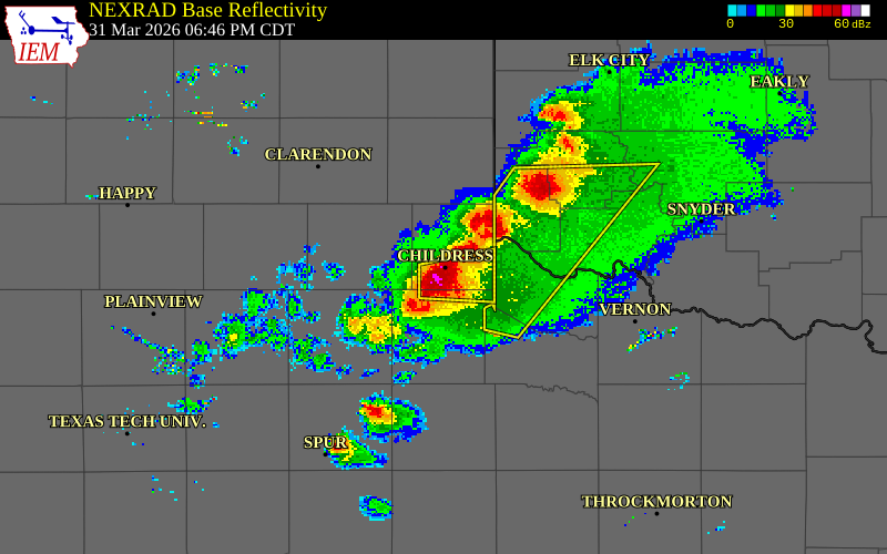 NEXRAD radar during the Tuesday, March 31, 2026 storm activity in Childress County, Texas