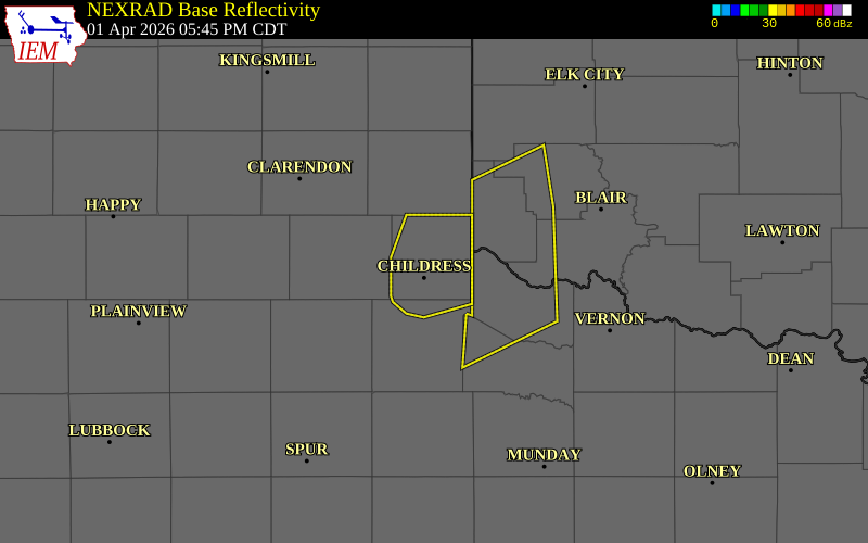 NEXRAD radar during the Wednesday, April 1, 2026 storm activity in Childress County, Texas