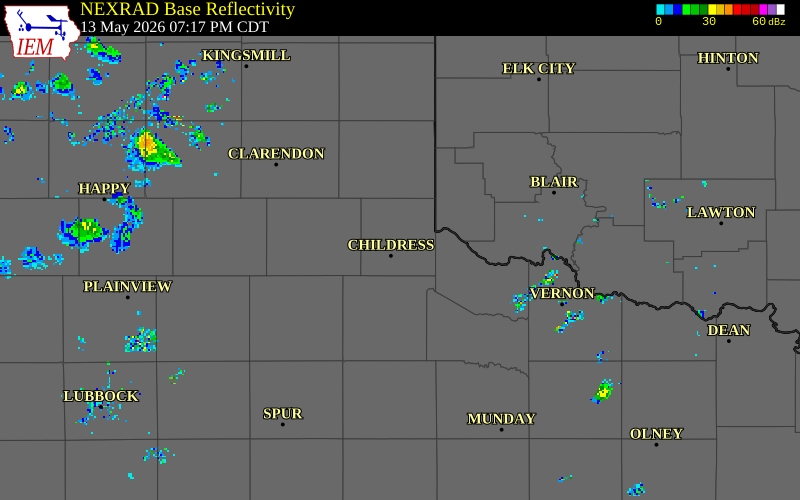 NEXRAD radar during the Wednesday, May 13, 2026 storm activity in Childress County, Texas