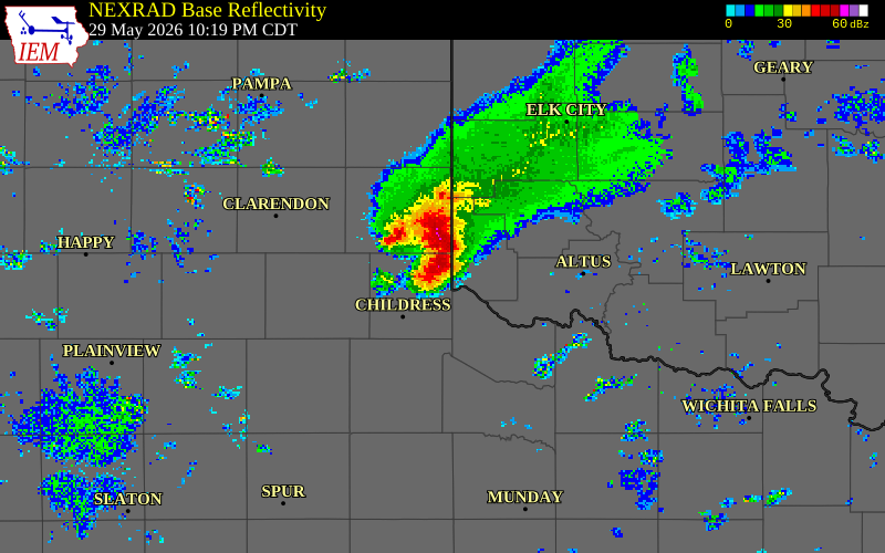 NEXRAD radar during the Friday, May 29, 2026 storm activity in Childress County, Texas