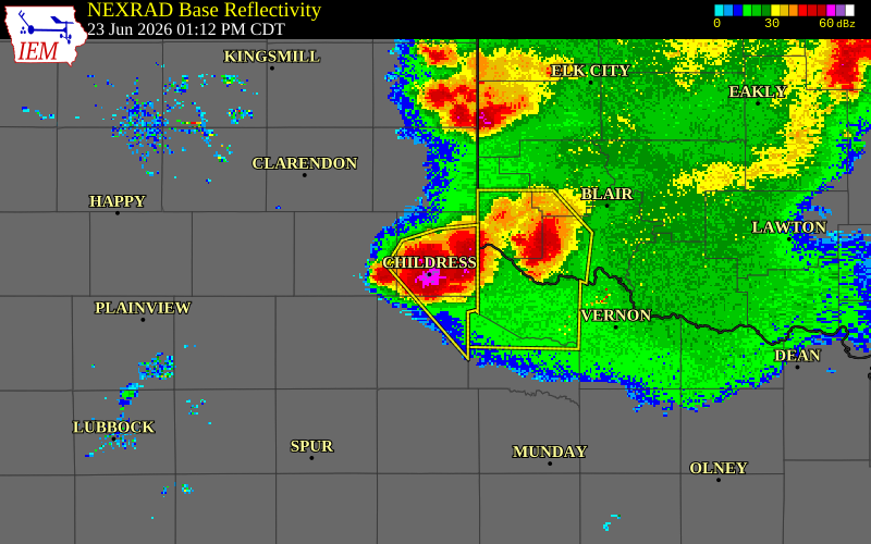 NEXRAD radar during the Tuesday, June 23, 2026 storm activity in Childress County, Texas