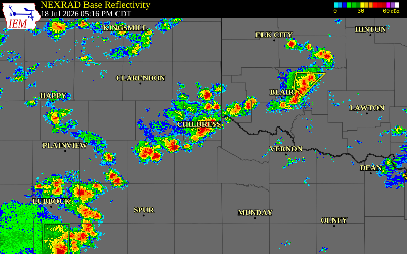 NEXRAD radar during the Saturday, July 18, 2026 storm activity in Childress County, Texas
