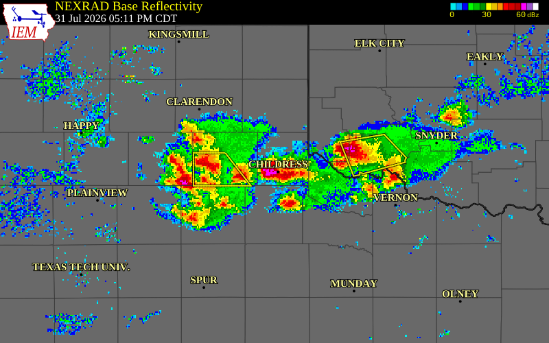 NEXRAD radar during the Friday, July 31, 2026 storm activity in Childress County, Texas