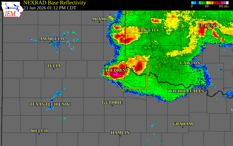 Radar snapshot during the Jun 23, 2026 hail event near 1 NNW Childress, Childress County, Texas, with NWS warning polygons