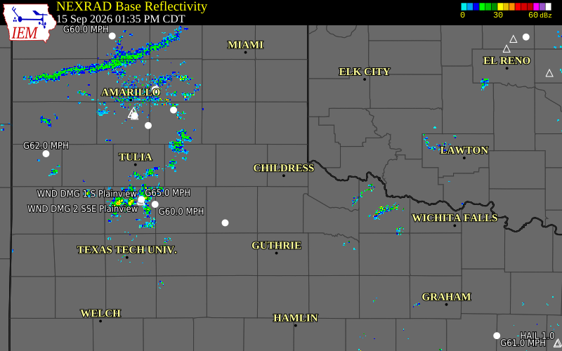 Current NEXRAD radar over Childress County, Texas with recent storm report locations
